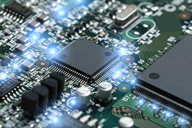 Closeup of electronic circuit board with CPU microchip electronic components background